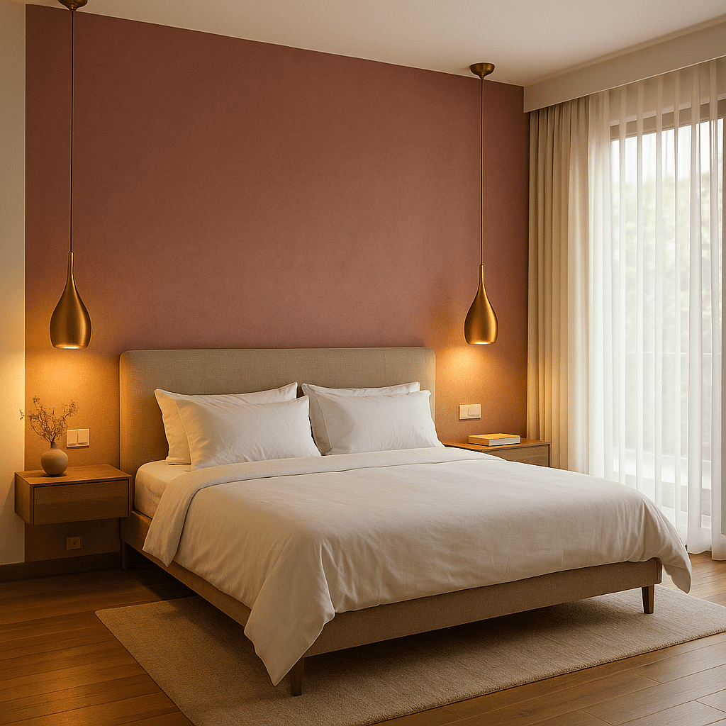 Minimal Bangalore bedroom with dusty pink accent wall, white curtains, and soft golden lighting.