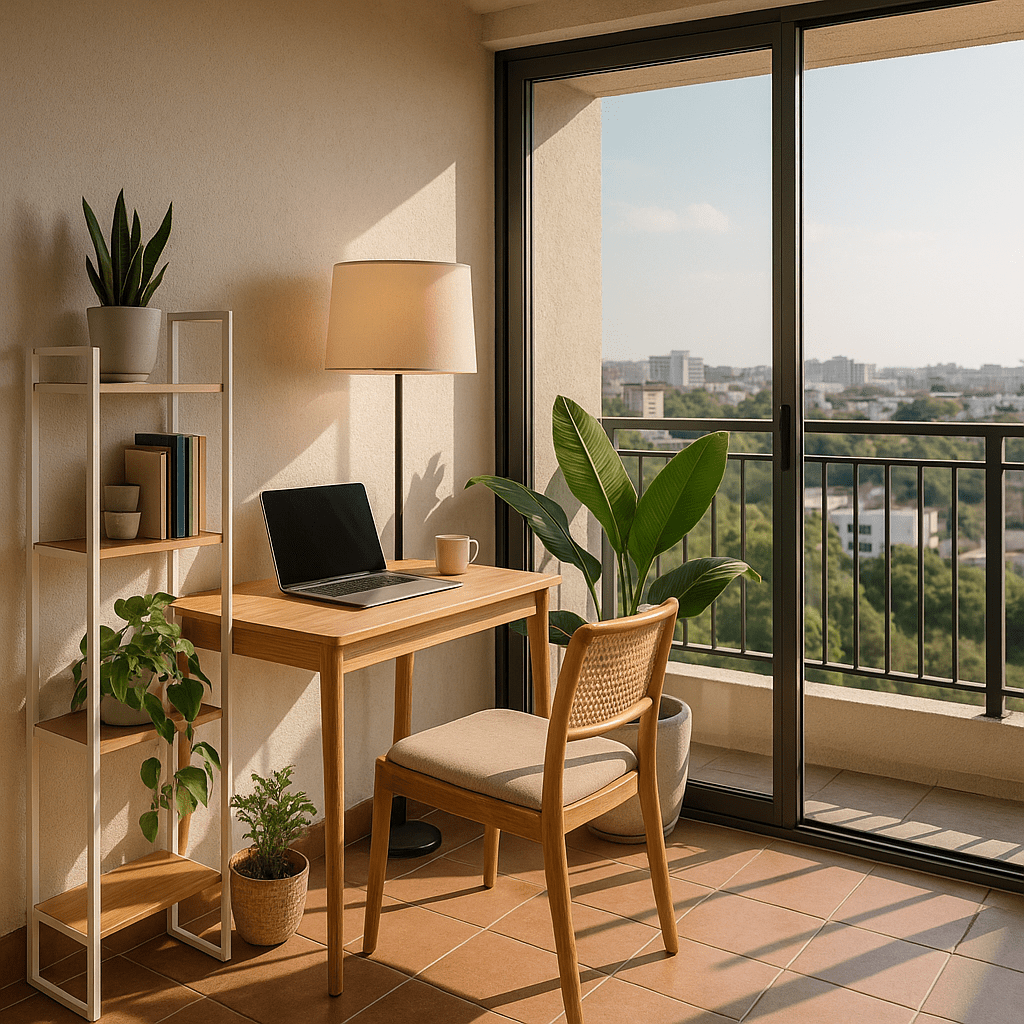 Hyderabad balcony converted into serene work-from-home corner with natural light and plants.