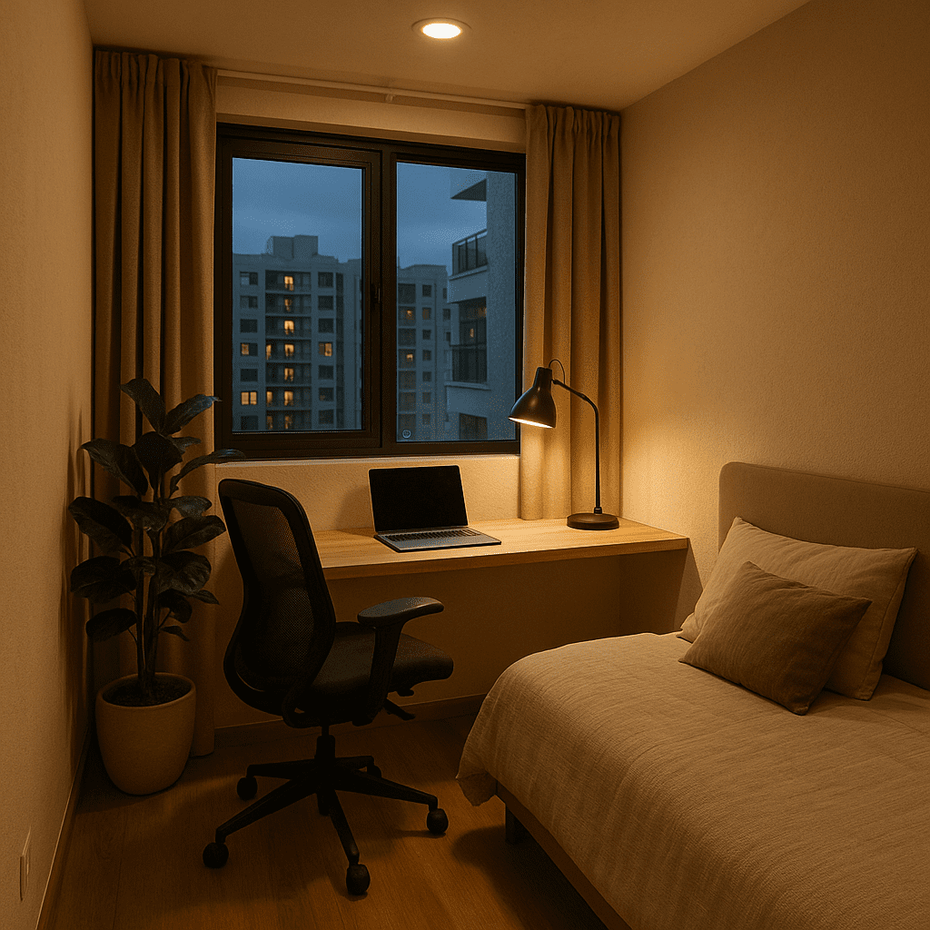 Small WFH corner setup in Bangalore bedroom with floating desk and natural lighting.