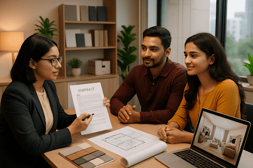 Client discussing budget with an interior designer in a Bangalore studio